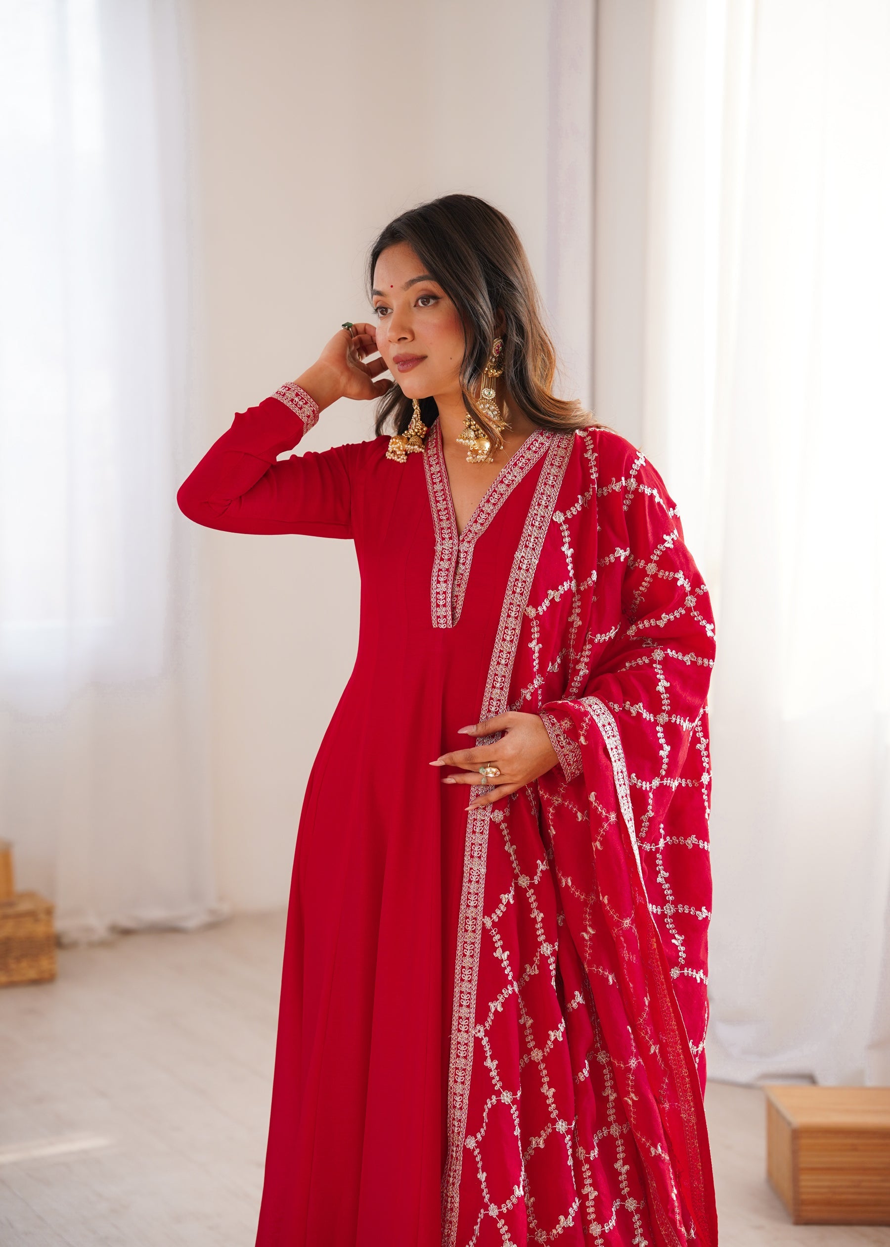 Red Vichitra Silk Anarkali Gown with Embroidery and Dupatta