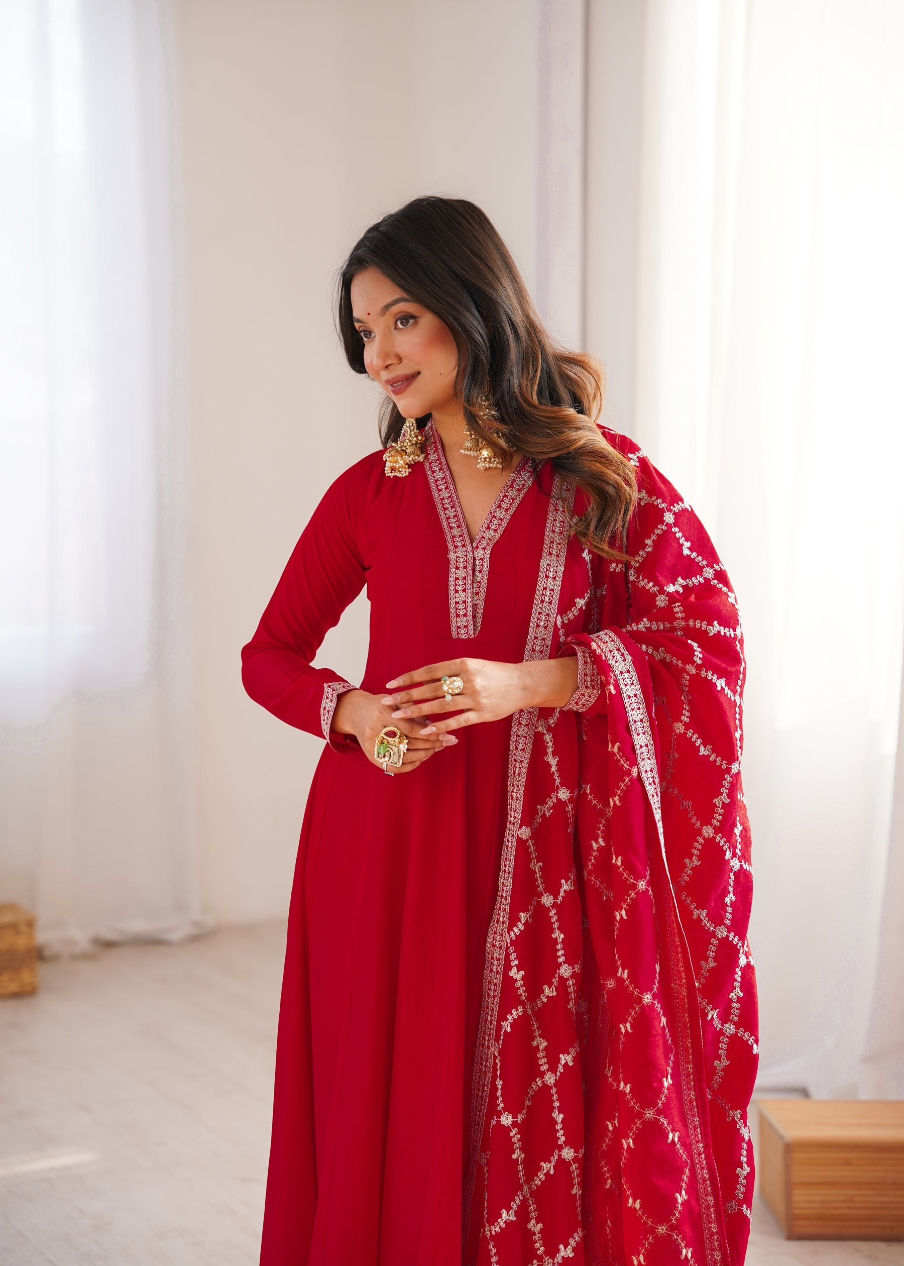 Red Vichitra Silk Anarkali Gown with Embroidery and Dupatta