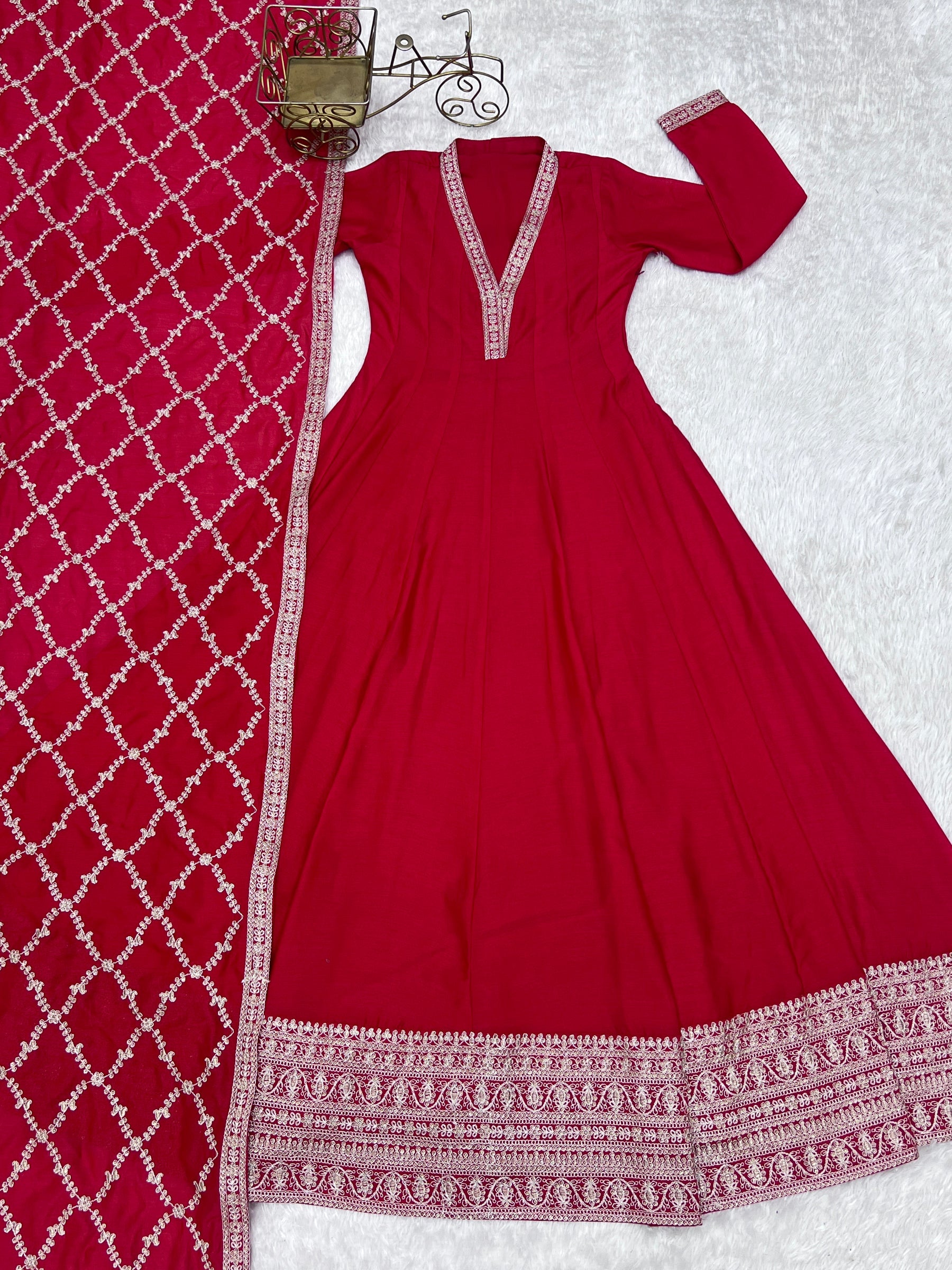 Red Vichitra Silk Anarkali Gown with Embroidery and Dupatta