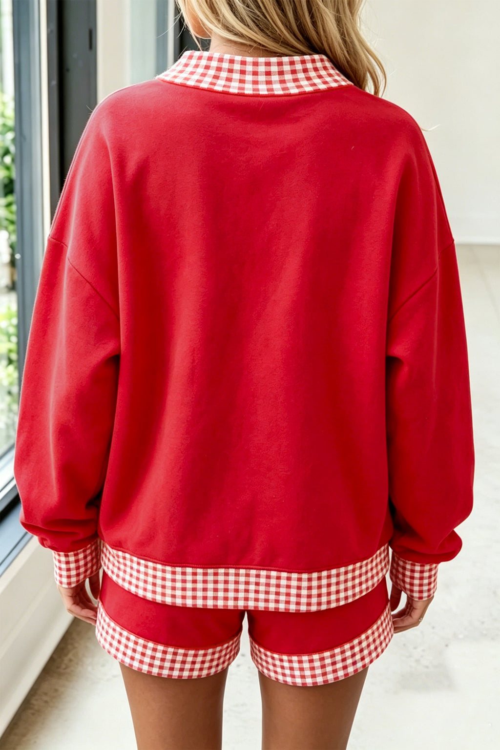 Dark Blue Polka Dot Trim Baggy Pullover 2pcs Short Set