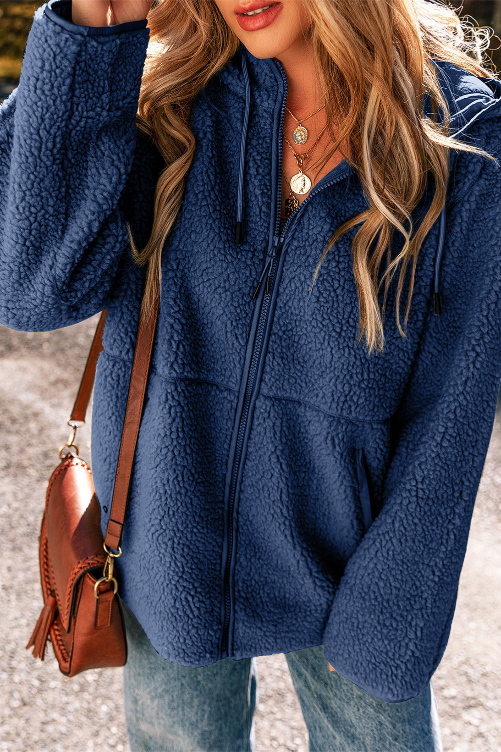 Women's Solid Fleece Zip-Up Hooded Jacket with Drawstring Pockets