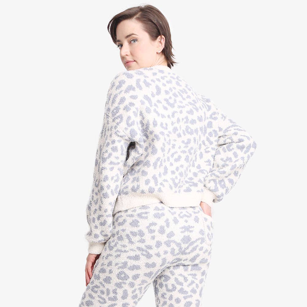 Leopard Patterned Soft Loungewear Sweater Top: Beige / L/XL