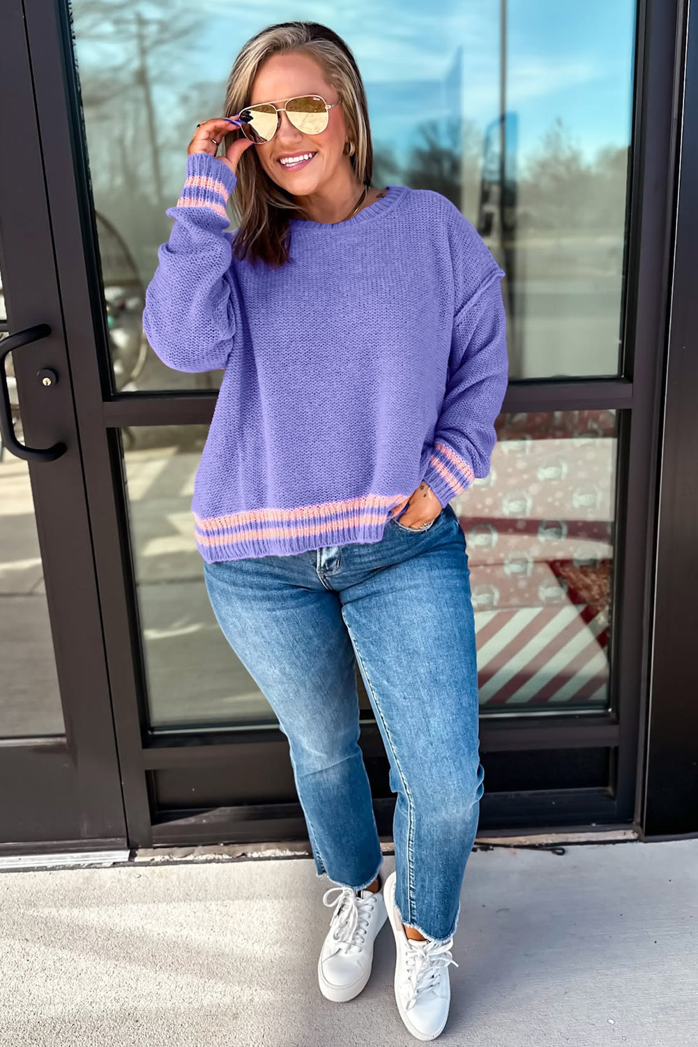 Wisteria Striped Trim Drop Shoulder Knit Loose Sweater - Image 8