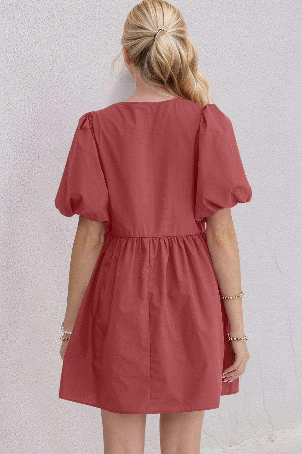 Ruched Puff Sleeve Mini Dress with Bow Detail