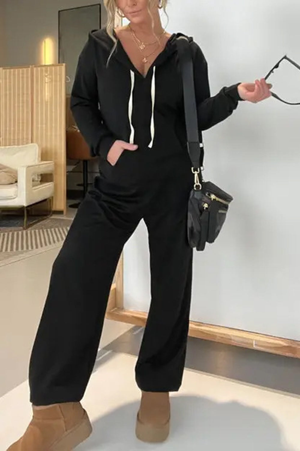 Women's Grey Long Sleeve Hooded Jumpsuit with Drawstring Waist - Image 7