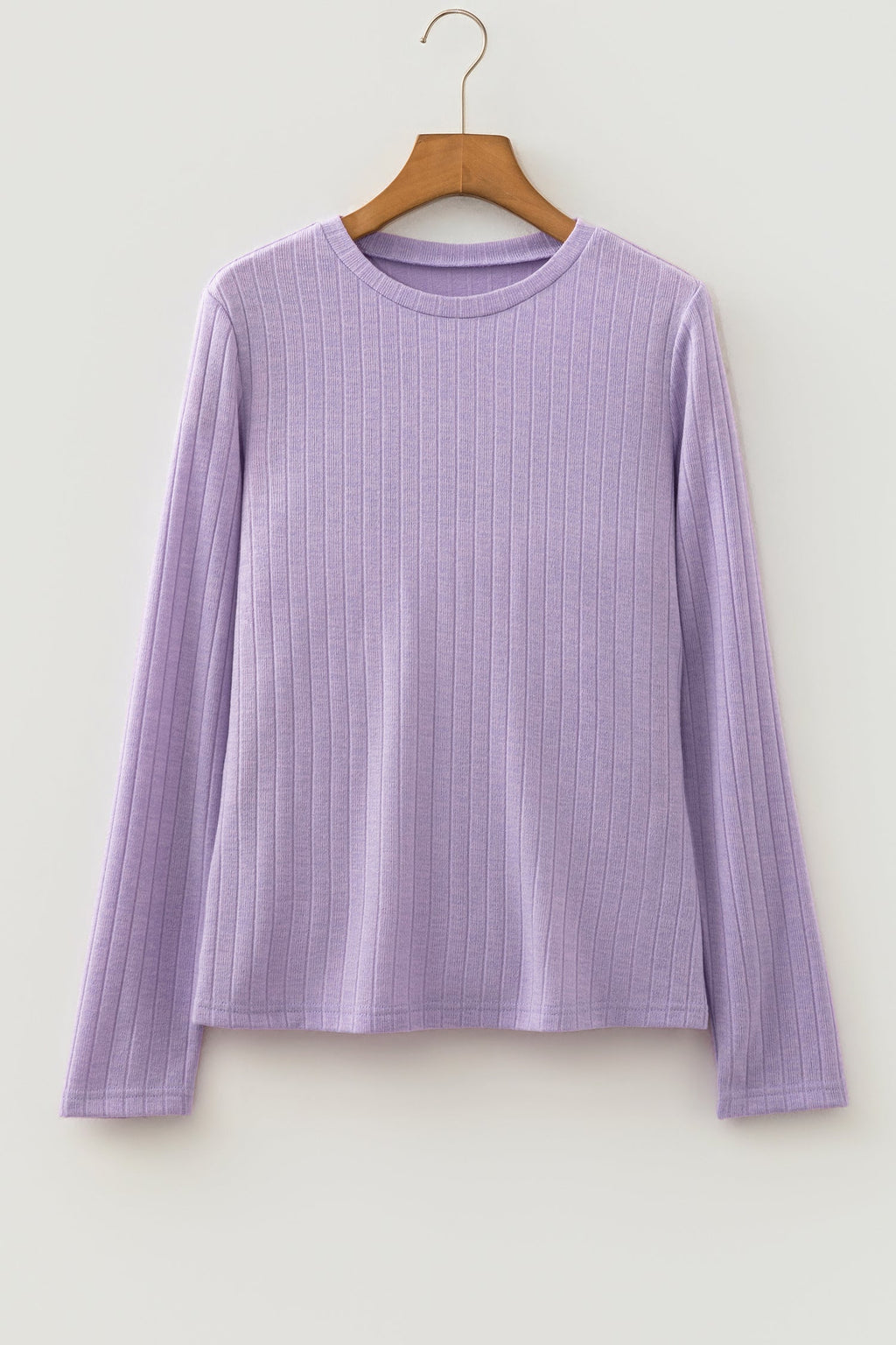 Solid Ribbed Knit Round Neck Long Sleeve Top