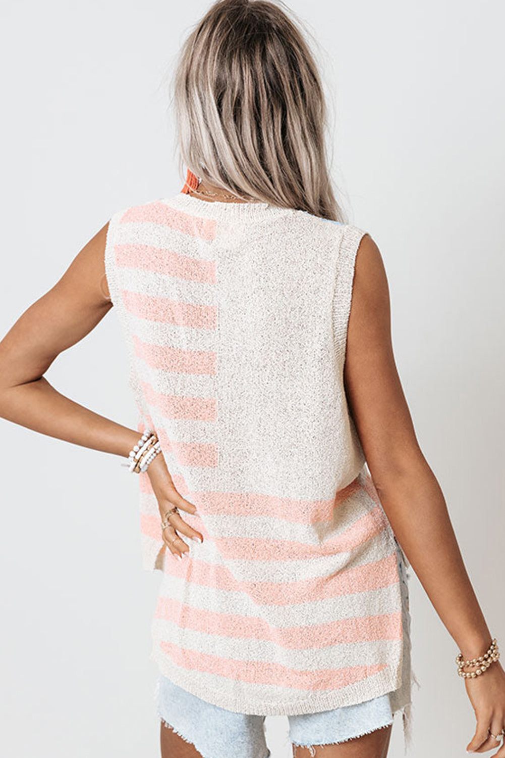 Pink Stripe USA Flag Notched Neckline Loose Knit Vest