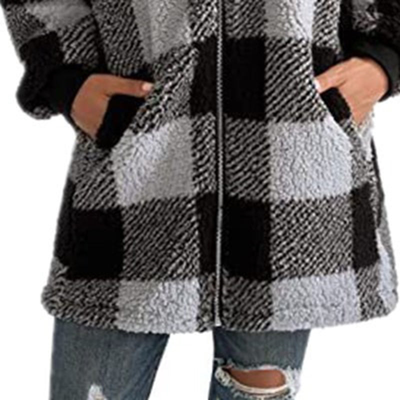 Women's Plaid Hooded Zip-Up Fleece Jacket Oversized Winter Coat - Image 3