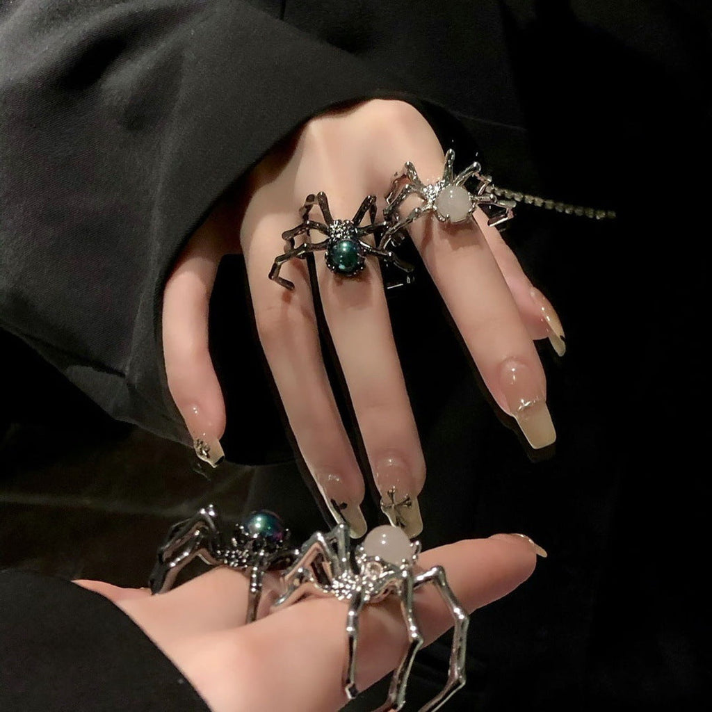 Dark Punk Spider Ring With Moonstone, Ins Style Unique Design, Minimalist Metal Cool Tone Adjustable Open Ring