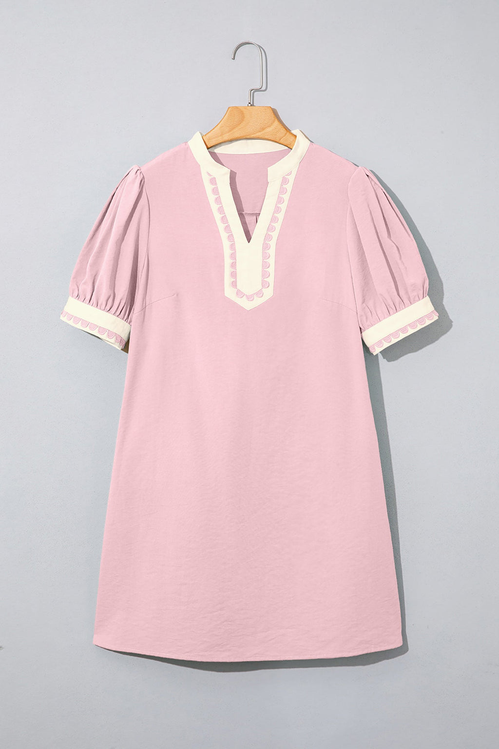 Scallop Trim Colorblock Puff Sleeve Mini Dress