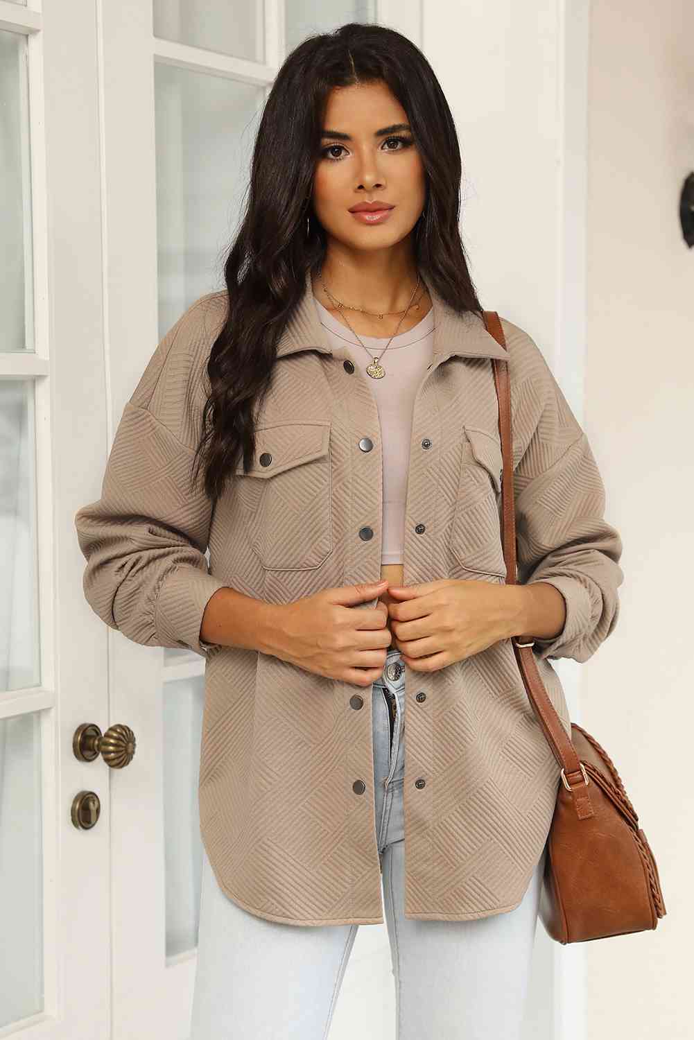 Cloudy Blue Snap-Front Collared Jacket with Pockets