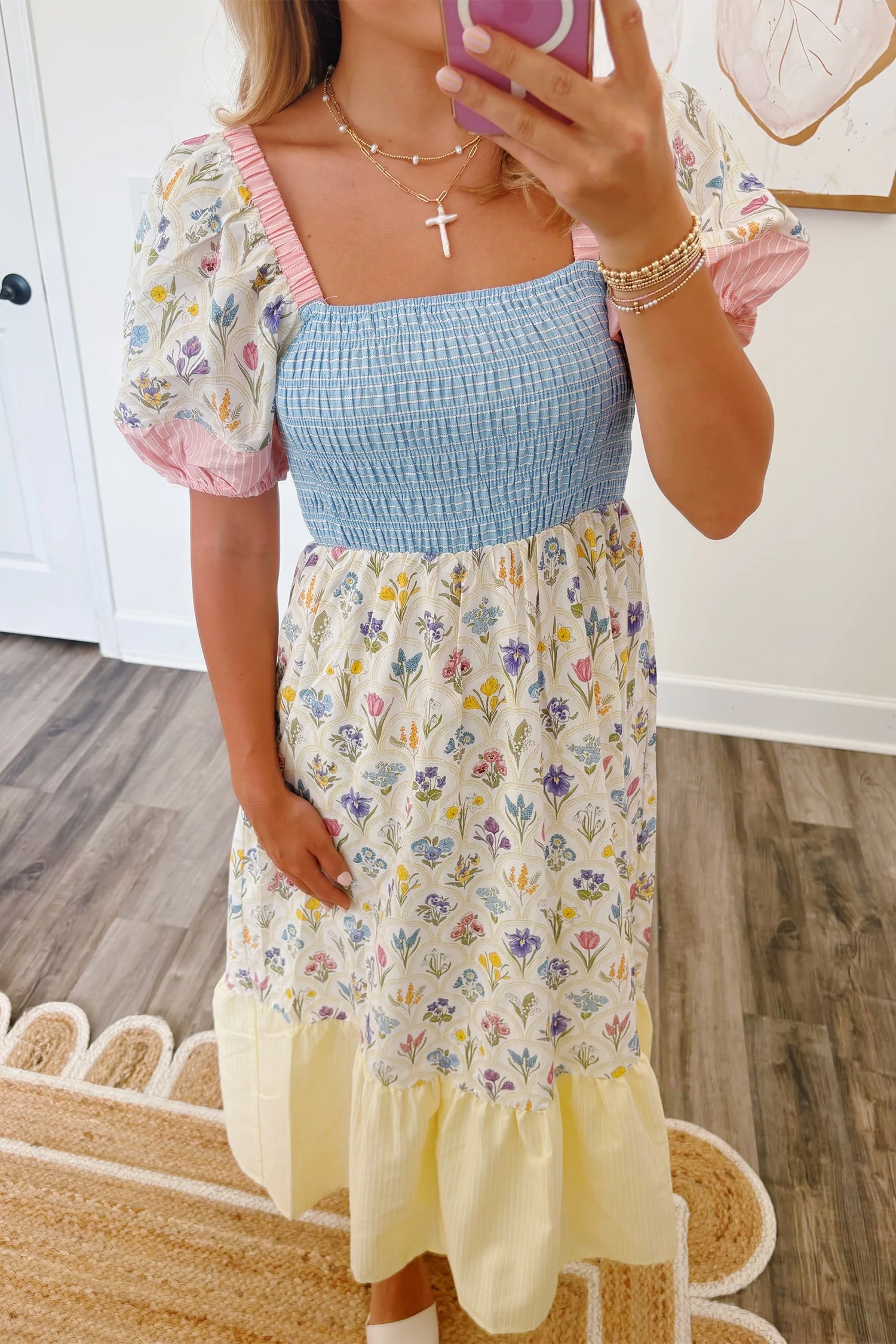 Floral Stripe Colorblock Square Neck Shirred Dress