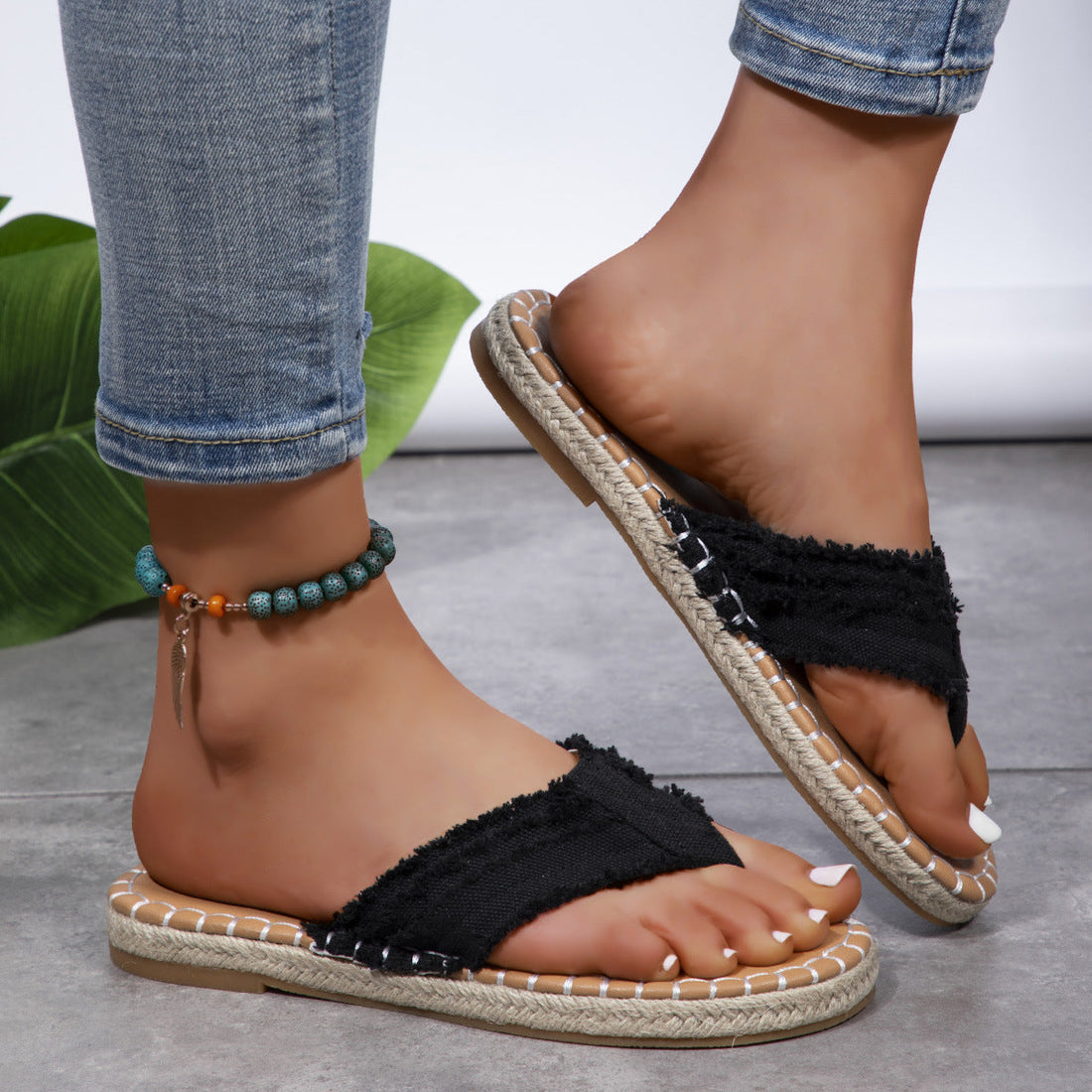 White Toe Post Raw Hem Flat Sandals with Jute Trim Detail