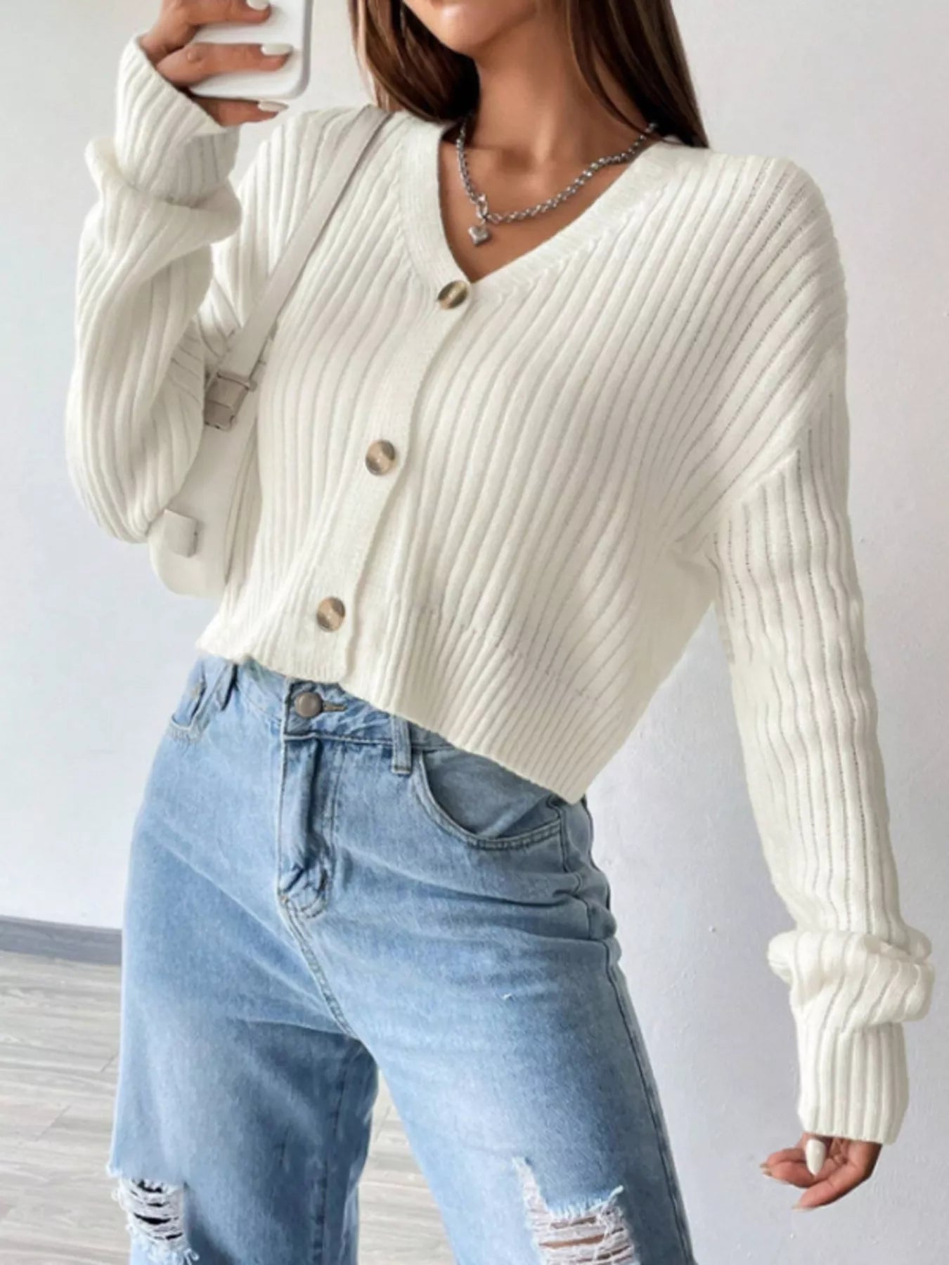 White Ribbed V-Neck Button-Up Cropped Cardigan Sweater - Image 2