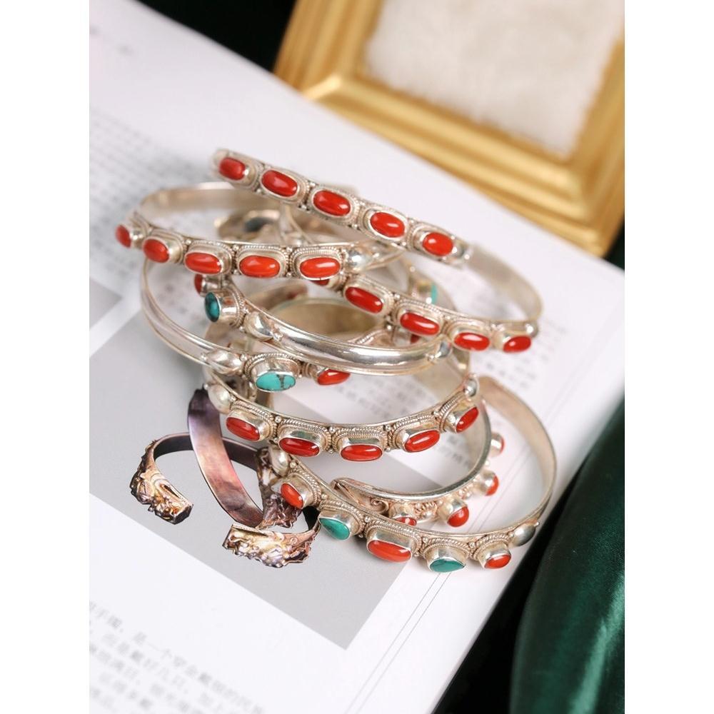 Yan Ran Nepalese Handmade Vintage Sterling Silver Inlaid Gemstone Turquoise Bracelet Personality Opening Silver Jewelry