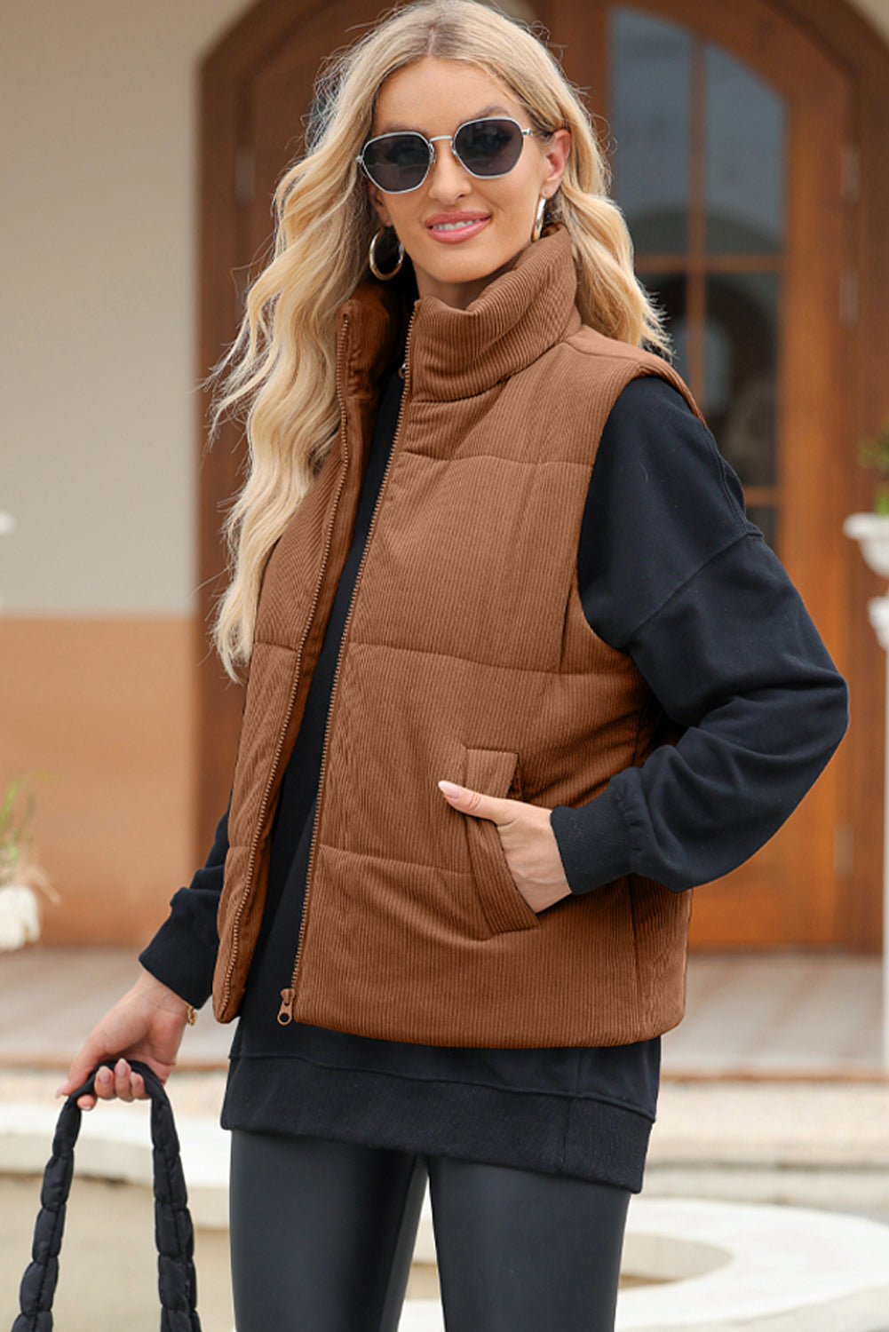 Pocketed Zip Up Turtleneck Vest Coat | Polyester