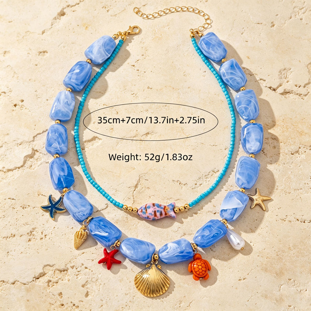 Women 2 Layer Boho Ocean Beaded Necklace, Blue Marbled Acrylic Starfish Turtle Shell Fish Charms Gold Plated Adjustable Summer Beach Vacation Jewelry Gift