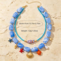 Women 2 Layer Boho Ocean Beaded Necklace, Blue Marbled Acrylic Starfish Turtle Shell Fish Charms Gold Plated Adjustable Summer Beach Vacation Jewelry Gift