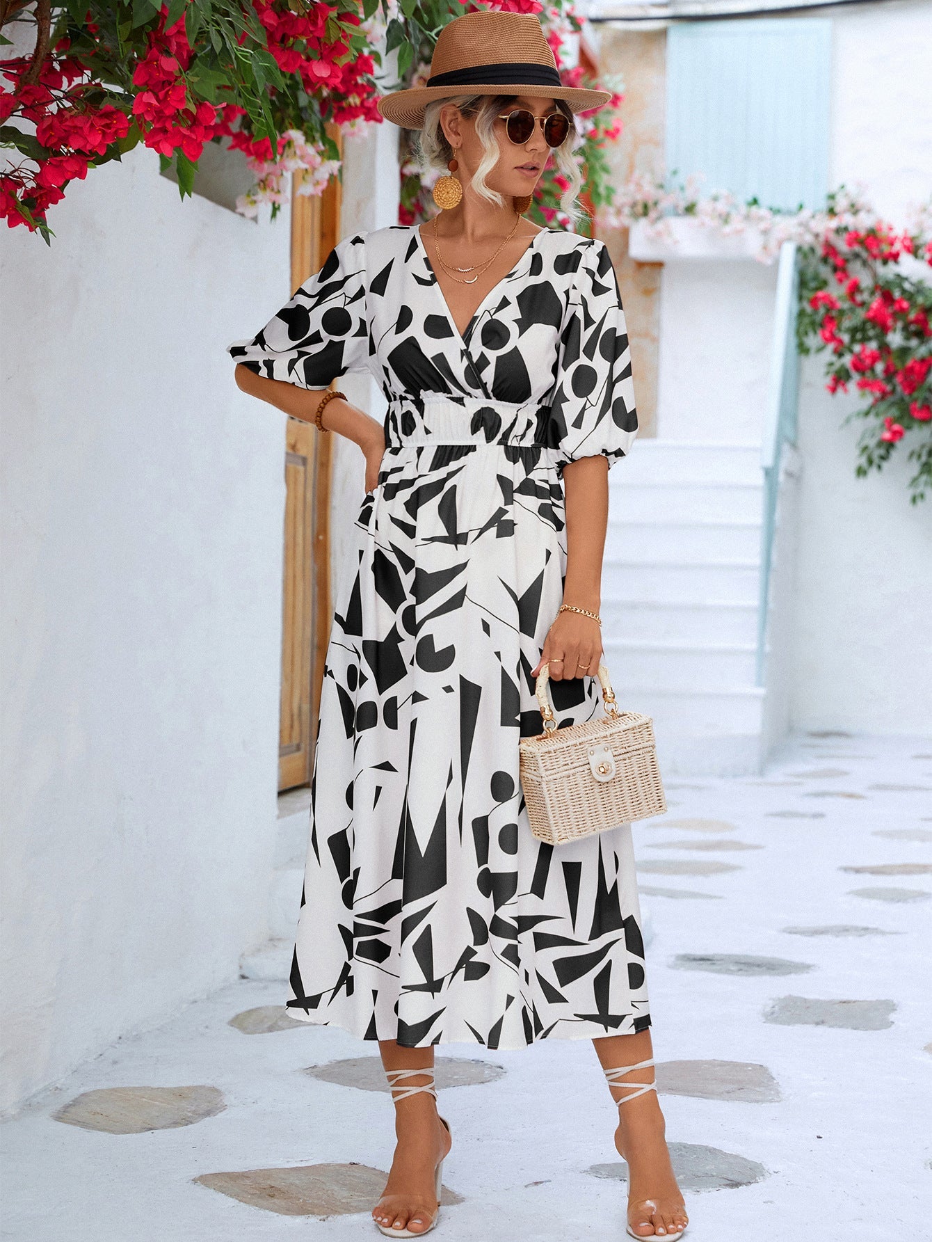 Black & White Printed Balloon Sleeve Mini Dress for Summer
