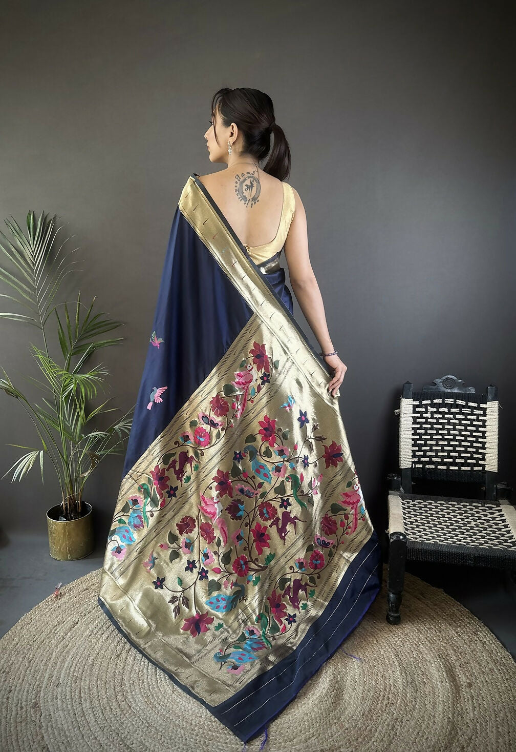 Navy Blue Floral Paithani Saree in Soft Silk Material