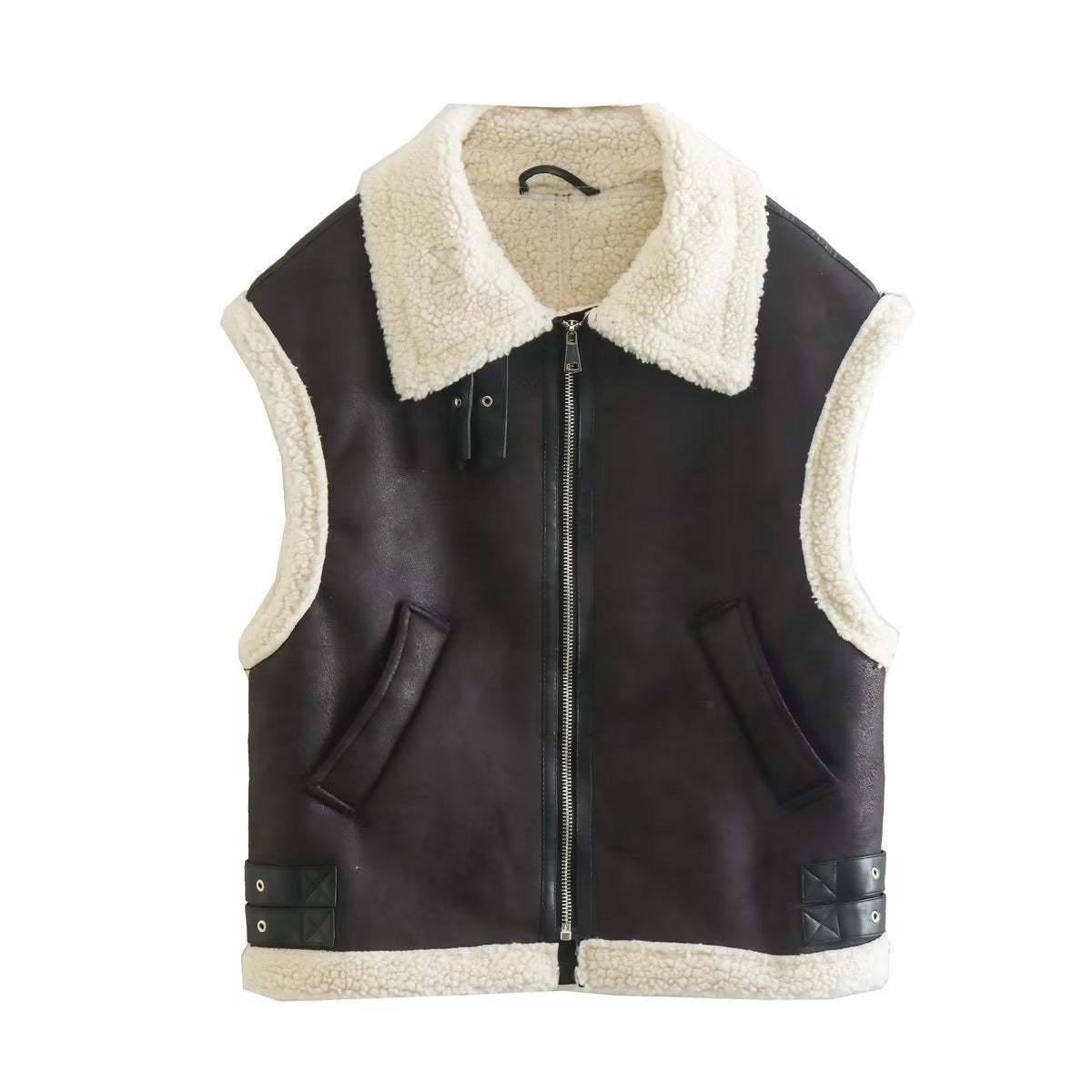 Women's Harajuku Faux Leather & Shearling Lapel Vest - Warm & Stylish - Image 2