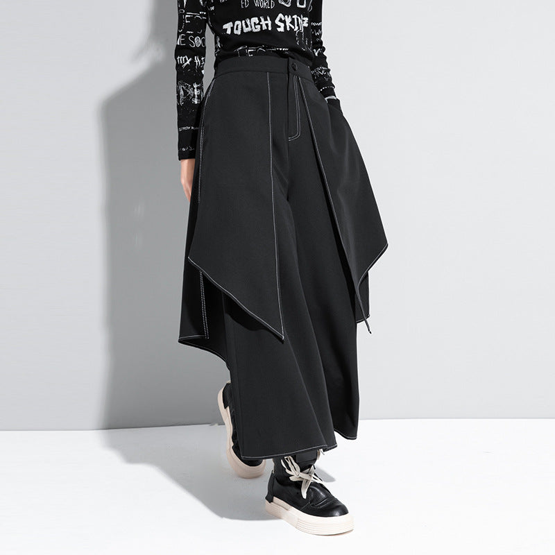 Women's Black Loose Wide Leg Pants with White Stitch Detail - Image 3
