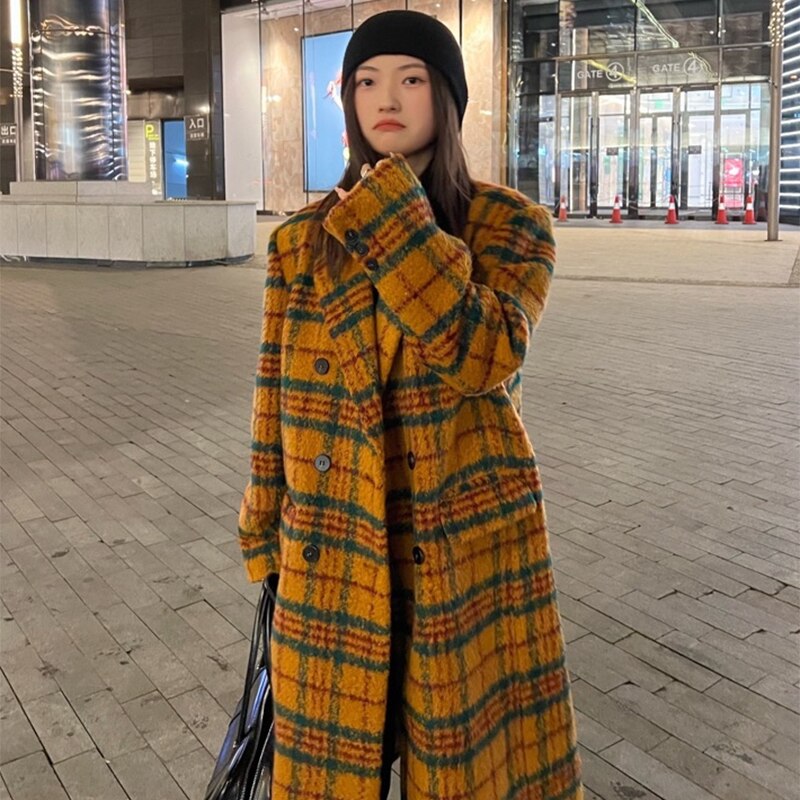 Women Retro Colorful Plaid Woolen Trench Coat Harajuku Style - Image 10