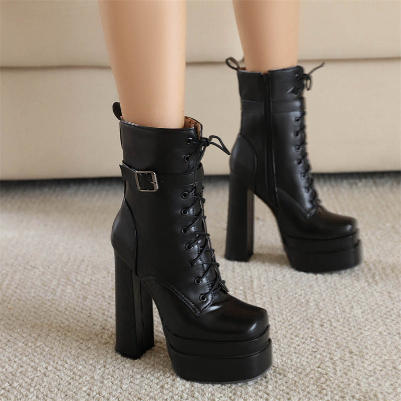 Women's Thick Sole Square Toe Platform Lace-Up Ankle Boots - Image 4