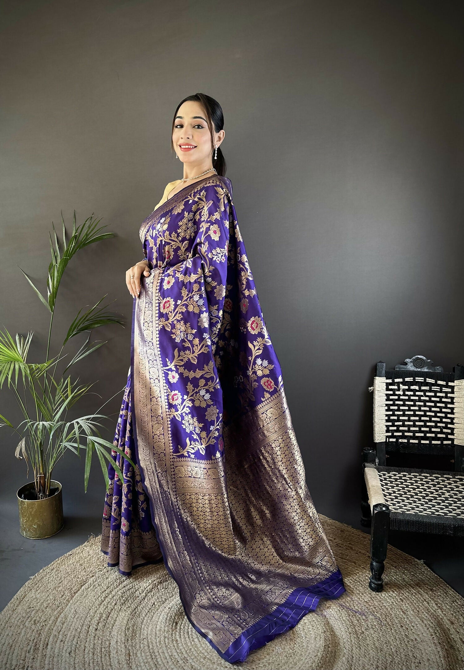 Violet Floral & Ethnic Motif Soft Silk Meenakari Banarasi Saree