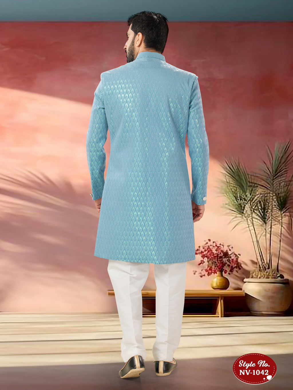 Men's Blue Indo-Western Kurta Set with Thread and Sequence Work