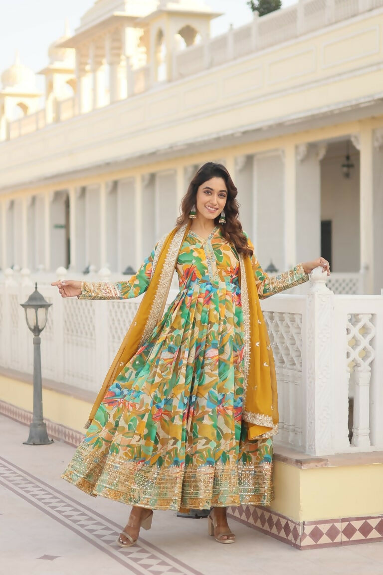 Green Russian Silk Anarkali Dress with Zari & Sequins Work