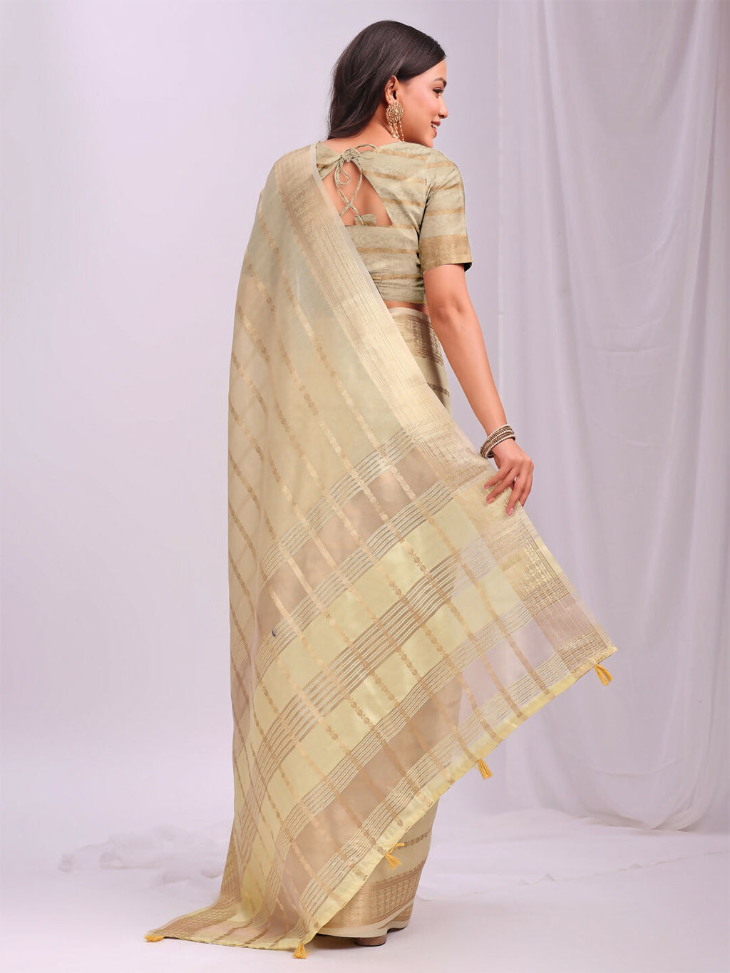 Gold Organza Saree with Contrast Yellow Blouse