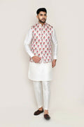 White art silk kurta set with matching jacket and straight-fit trousers for men