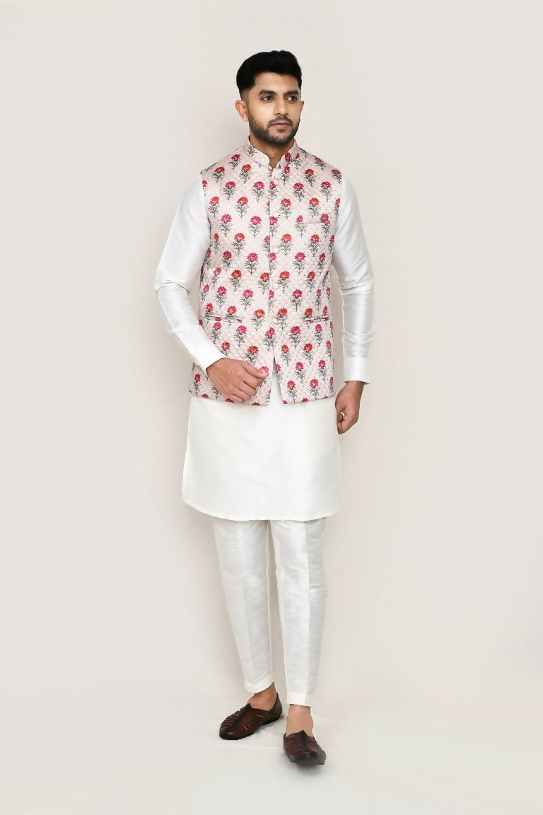 White art silk kurta set with matching jacket and straight-fit trousers for men