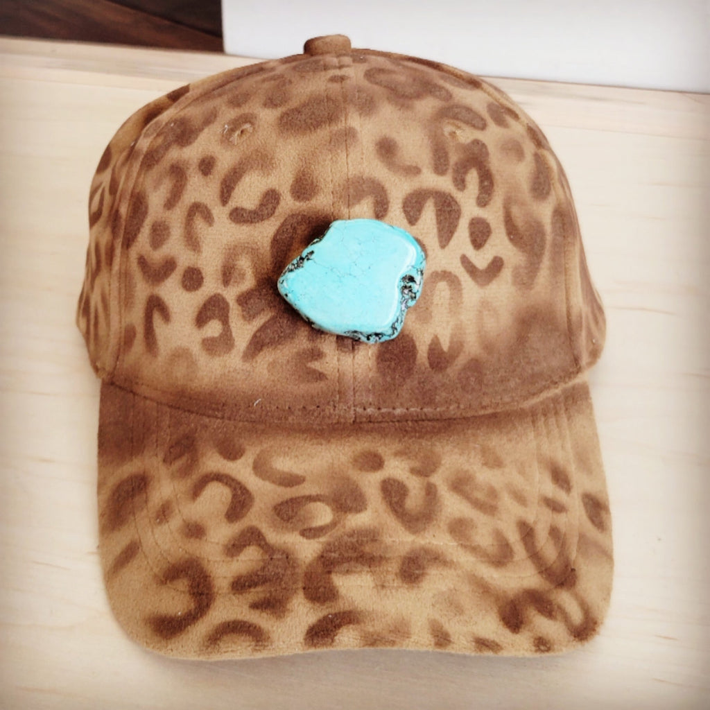 Hand-Painted Leopard Suede Baseball Cap with Turquoise Detail - Image 2