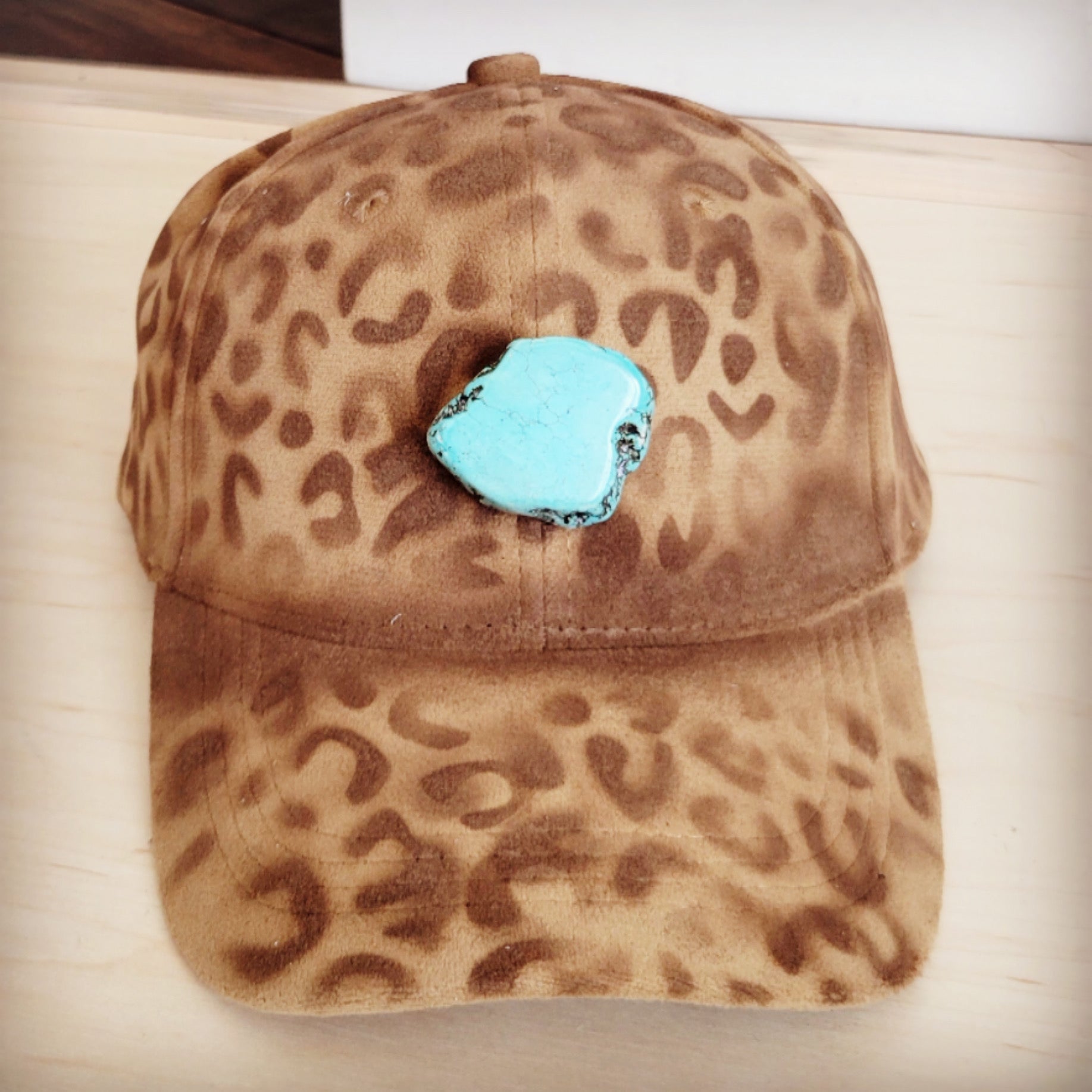 Hand-Painted Leopard Suede Baseball Cap with Turquoise Detail - Image 2