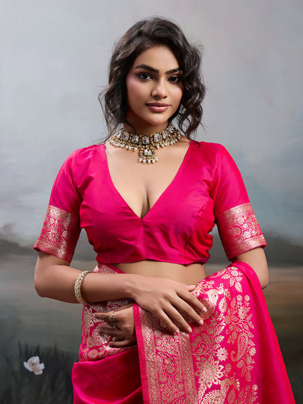 Pink Silk Blend Saree with Matching Blouse Piece