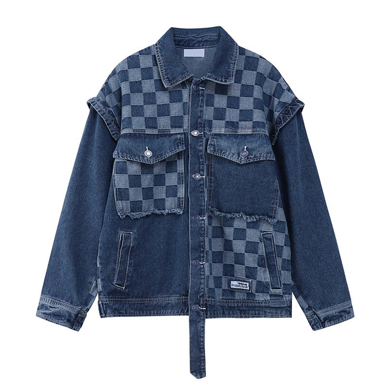 Vintage Y2K style blue denim jacket with plaid patchwork pattern and button-front closure