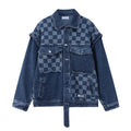 Vintage Y2K style blue denim jacket with plaid patchwork pattern and button-front closure