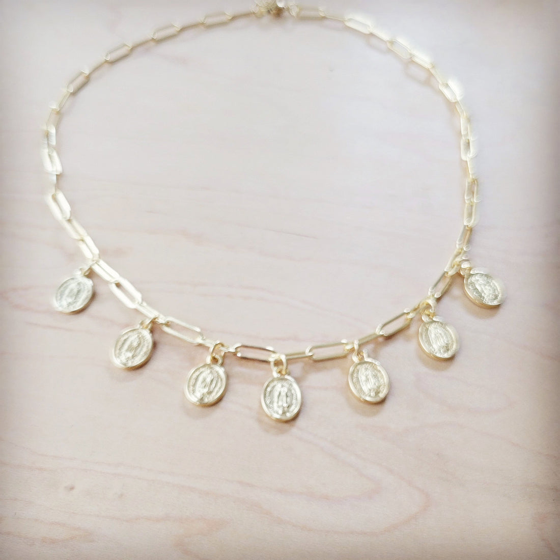 Gold Plated Paperclip Chain Necklace with Coin Pendants - Image 3