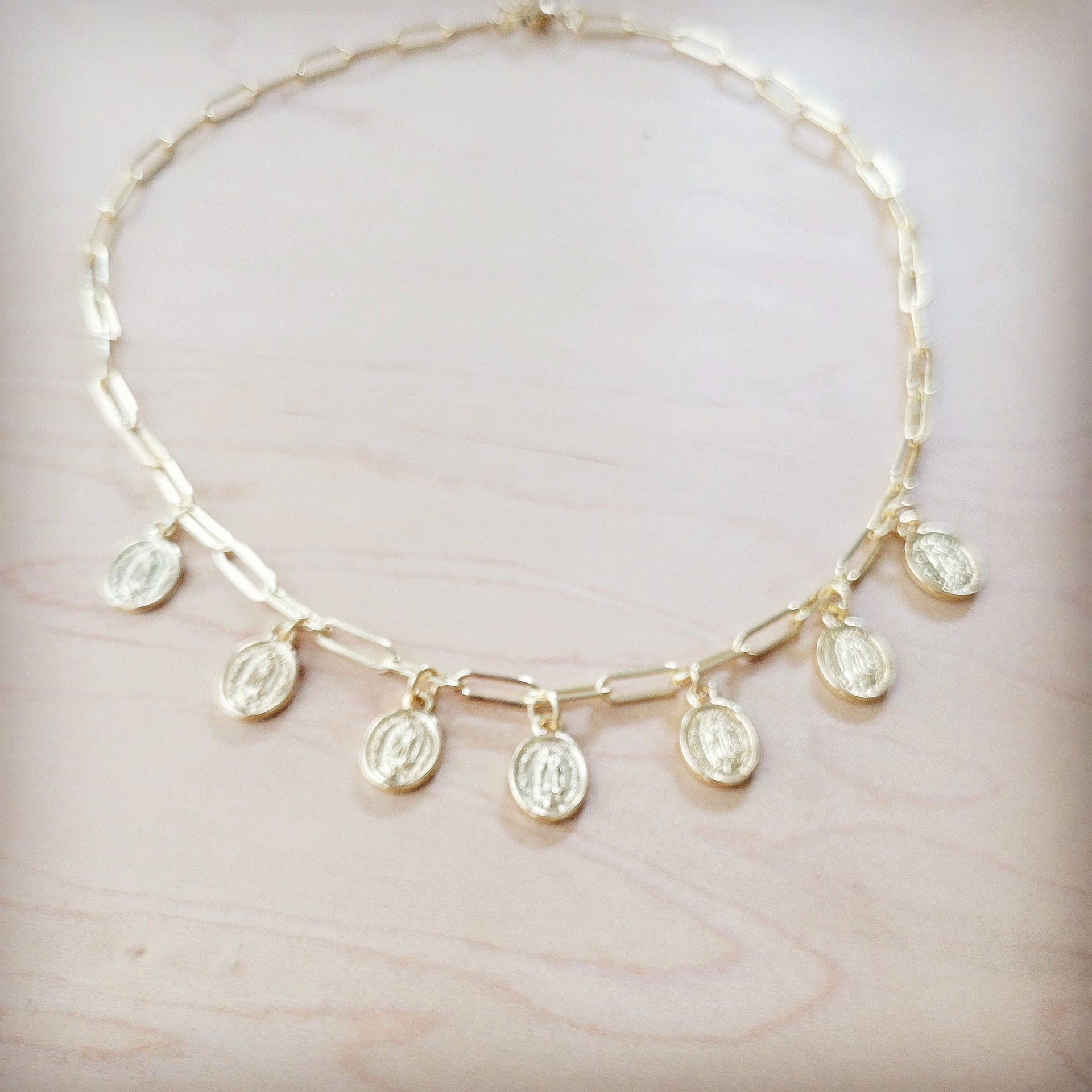 Gold Plated Paperclip Chain Necklace with Coin Pendants - Image 3