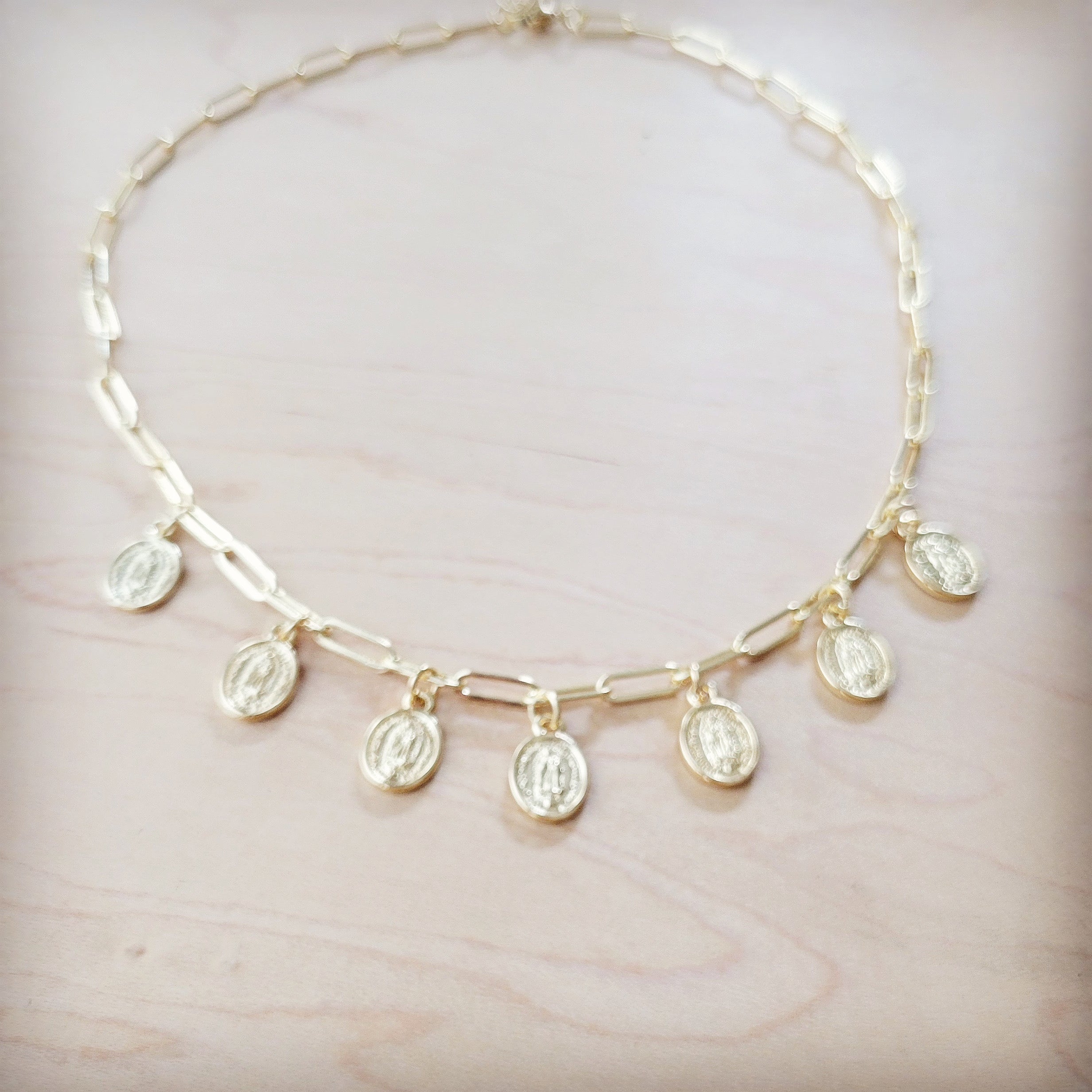 Gold Plated Paperclip Chain Necklace with Coin Pendants - Image 3