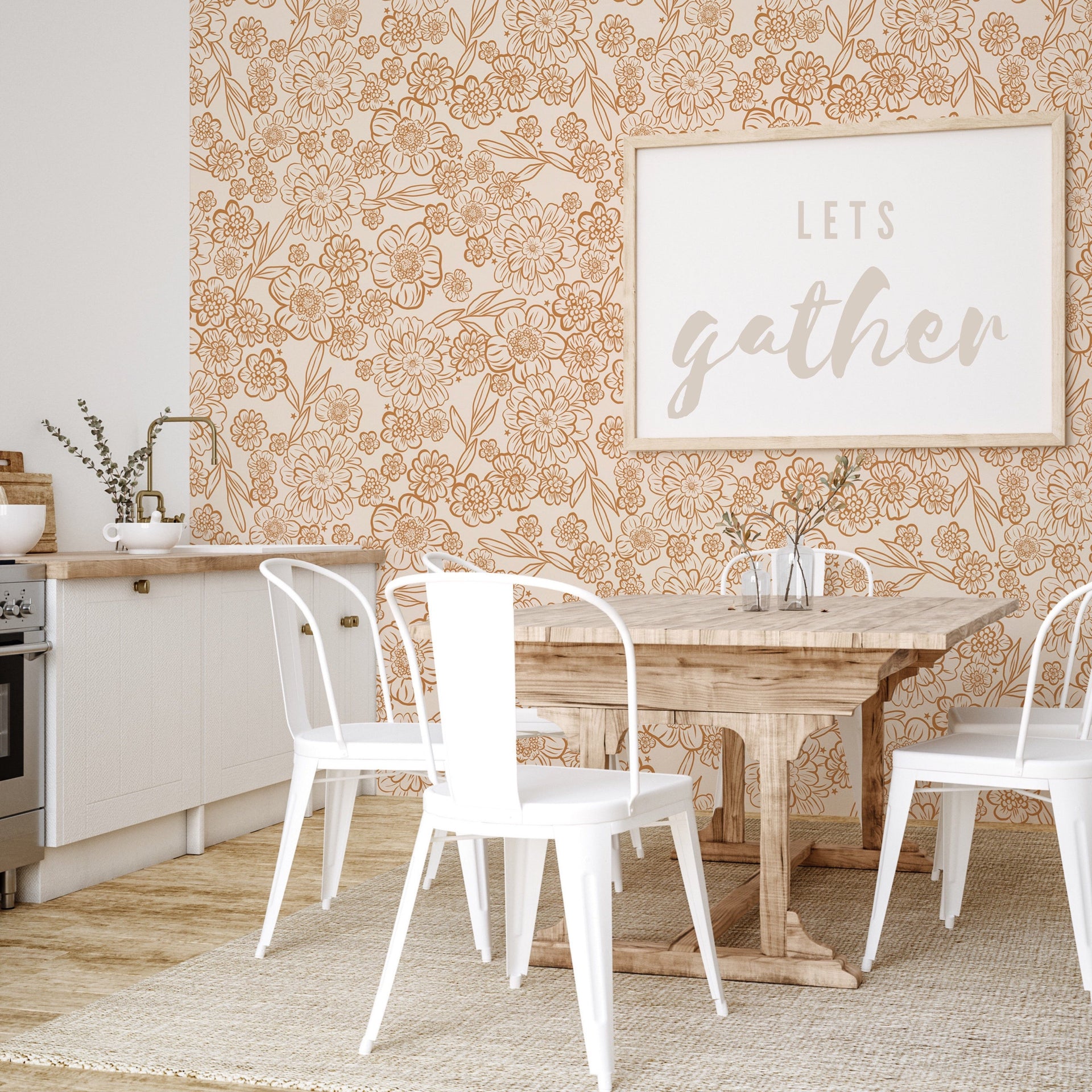 June Floral Wallpaper in Cream and Terracotta Bohemian Style