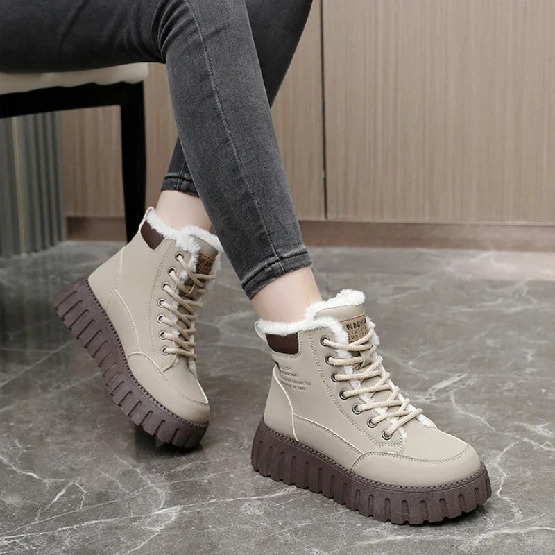 Women's Beige Plush Lined Lace-Up Ankle Boots with Chunky Sole - Image 5