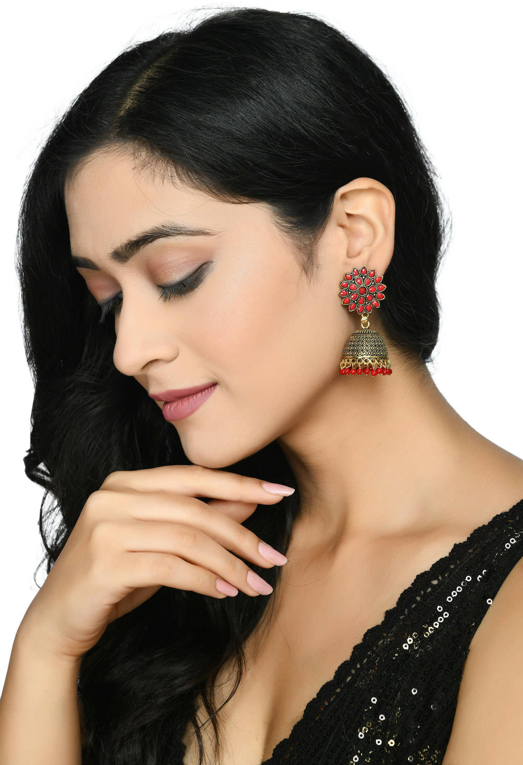 Joharkamal Kundan Jhumka Earrings with Red Beads, Gold-Plated Brass