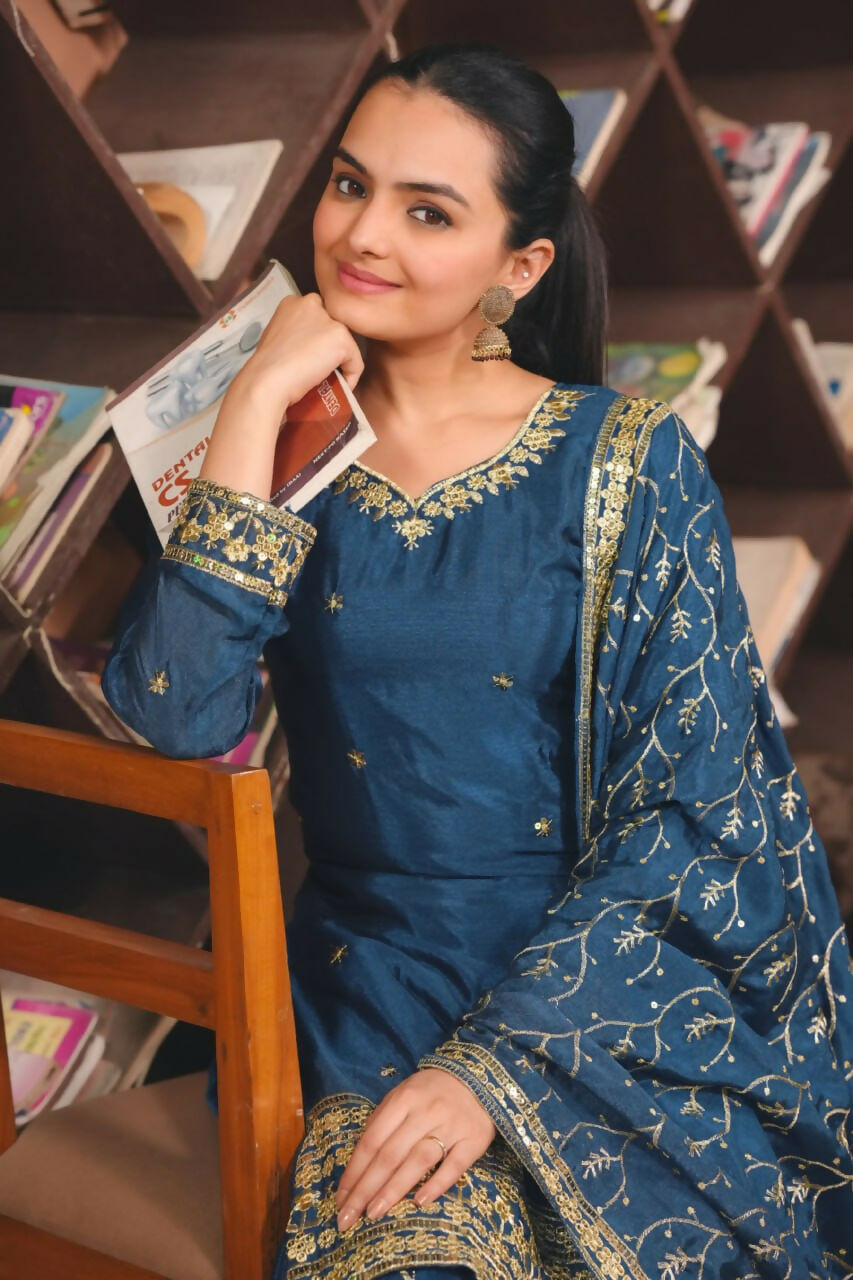 Blue Silk Embroidered Sharara Set with Stitched Kurti for Women