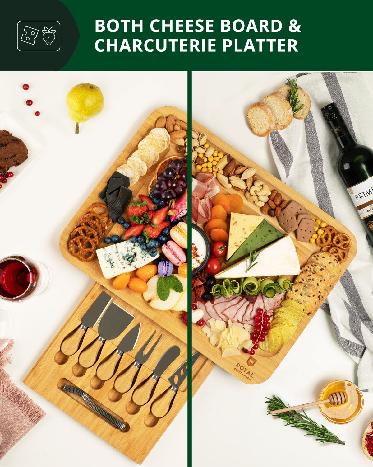 XXL Bamboo Cheese Board with Integrated Cutlery Serving Set - Image 5