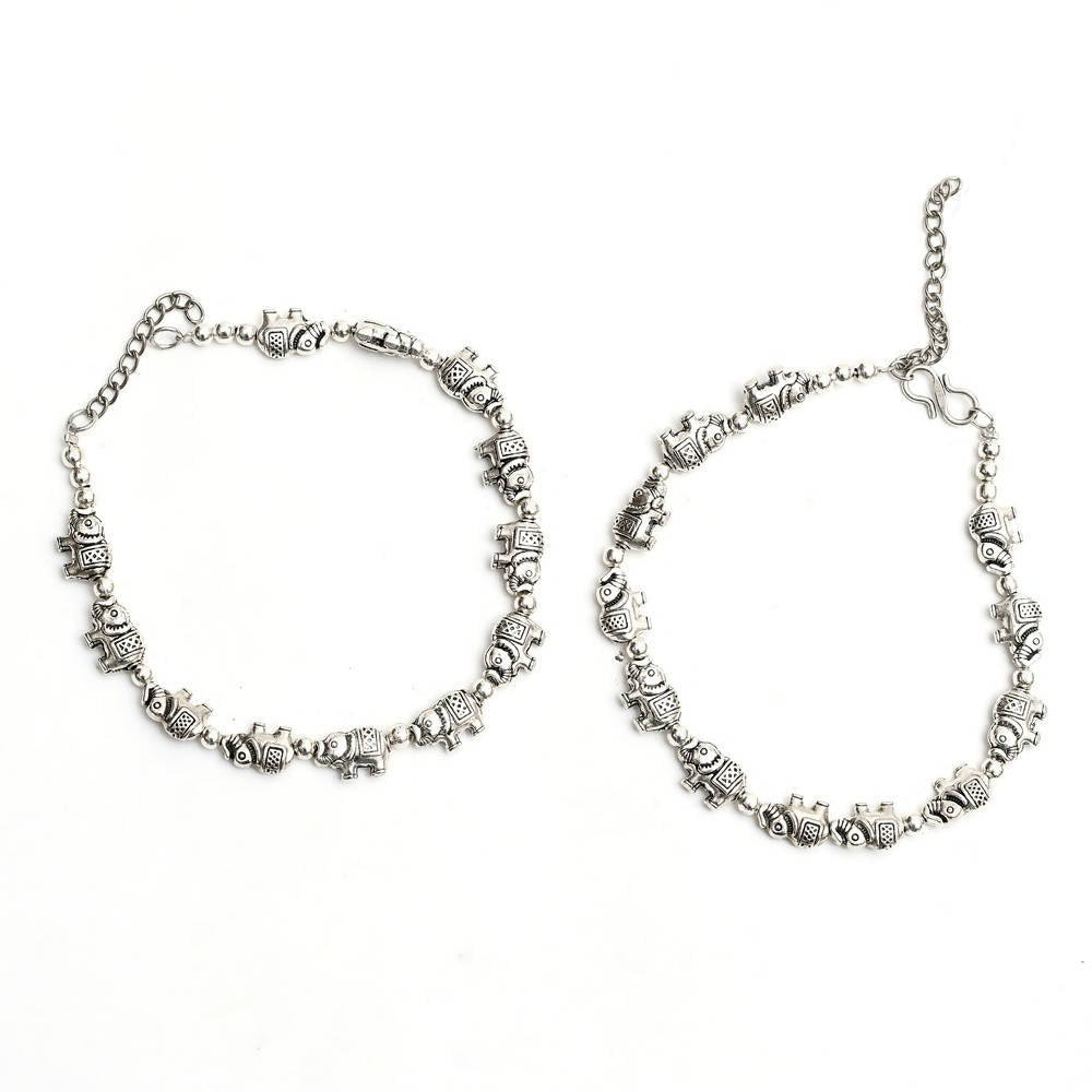 Oxidised Silver Elephant Design Anklets for Women