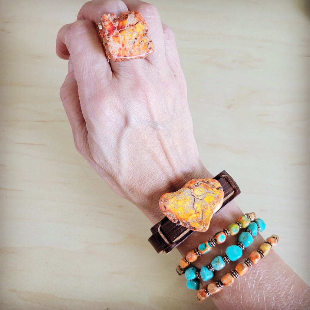 Genuine Regalite and Copper Stretch Beaded Bracelet Sunrise 812j