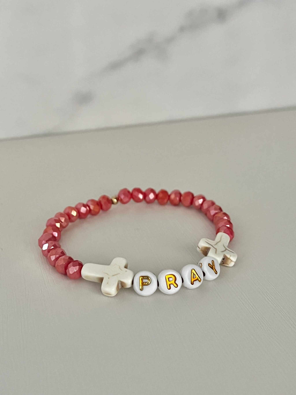 Red Faceted PRAY Beaded Bracelet - Handmade Christian Jewelry
